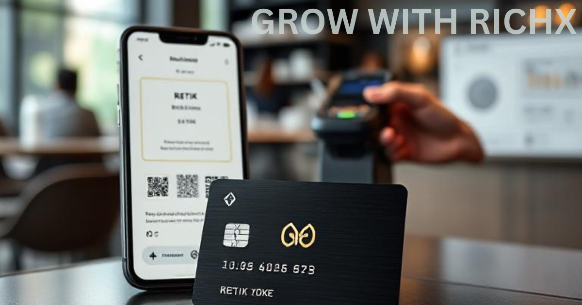 A sleek, futuristic black or metallic DeFi debit card with the “Retik Finance” logo placed on a stylish desk next to a smartphone displaying a crypto wallet app with real-time RETIK token balance. In the background, a user taps the card at a modern contactless payment terminal in a coffee shop or tech store. The environment is real-world and professional, with a tech-forward atmosphere. Include visual elements like a QR code scan, wallet address on screen, and a subtle DeFi dashboard in the background. The overall mood should convey innovation, security, and real-world utility of crypto cards.